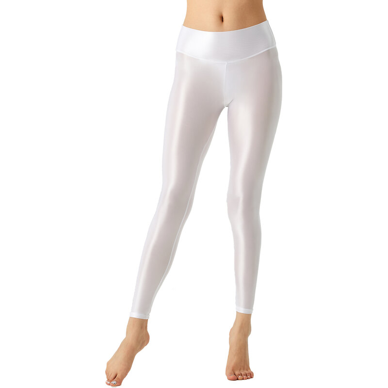 Leggings de cintura elástica larga feminina, elástico lustroso, calça atlética para ioga, pilates, treino, exercícios de musculação, monocromático