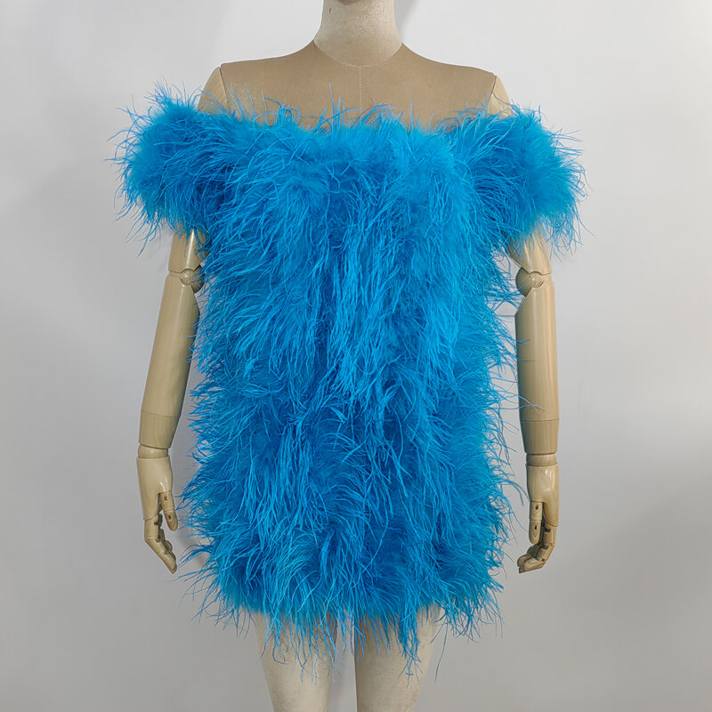 Sexy 100% natural ostrich hair dress women's fur coat low chest off shoulder dress real ostrich fur coat fur mini skirt