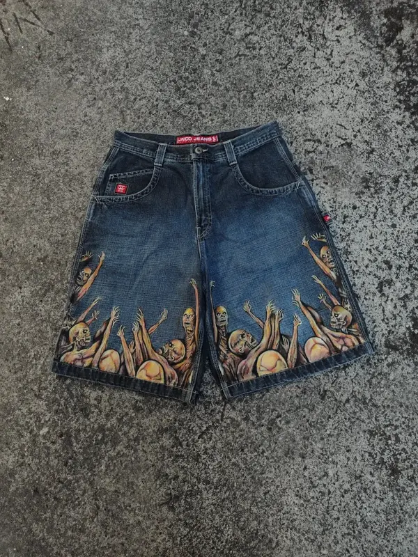 Amerykańska moda Vintage dwustronny wzór luźne jeansy Hip-hopowy spodenki z nadrukiem Goth Streetwear Y2k Harajuku spodnie dresowe odzież męska
