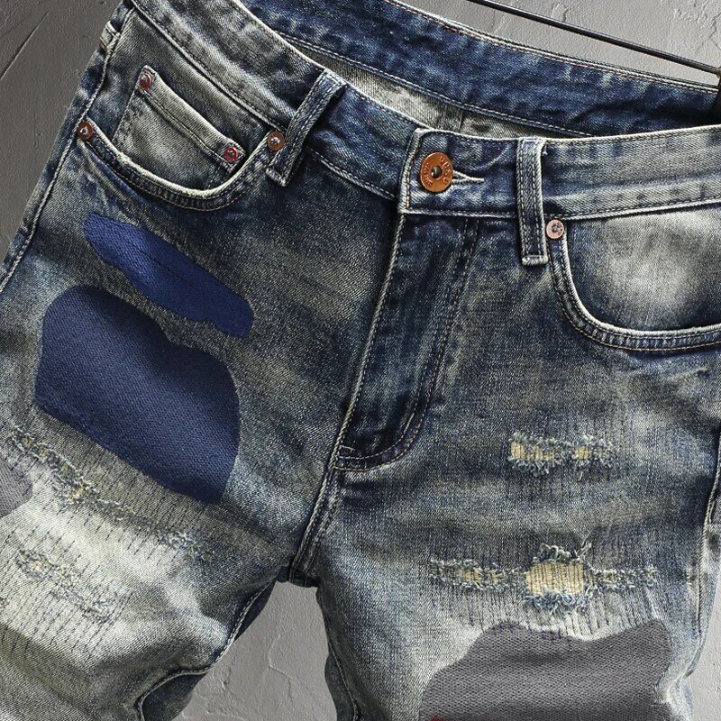 Celana Jeans pria mode jalanan musim panas Jeans pendek robek biru elastis Retro celana pendek Denim Hip Hop desainer tambalan bordir pria