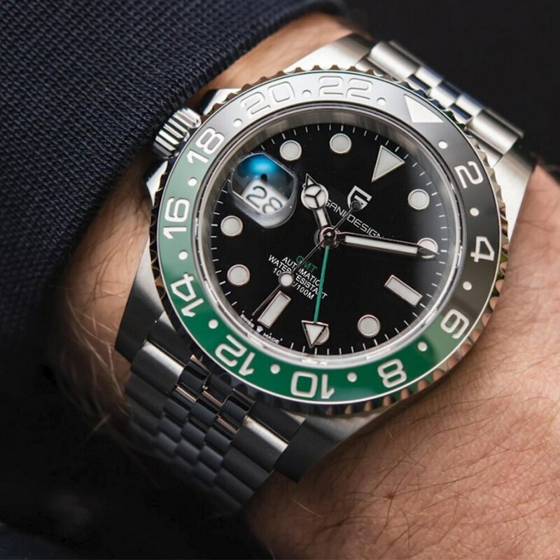 PAGANI DESIGN jam tangan PD-1662, jam tangan Mekanikal mewah GMT kaca safir Stainless Steel 100M tahan air otomatis