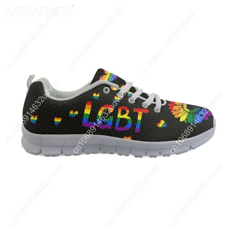 2022 gaya baru anak perempuan LGBT sepatu datar bersirkulasi bertali Sneakers jaring dicetak motif bunga matahari LGBT sepatu lari wanita
