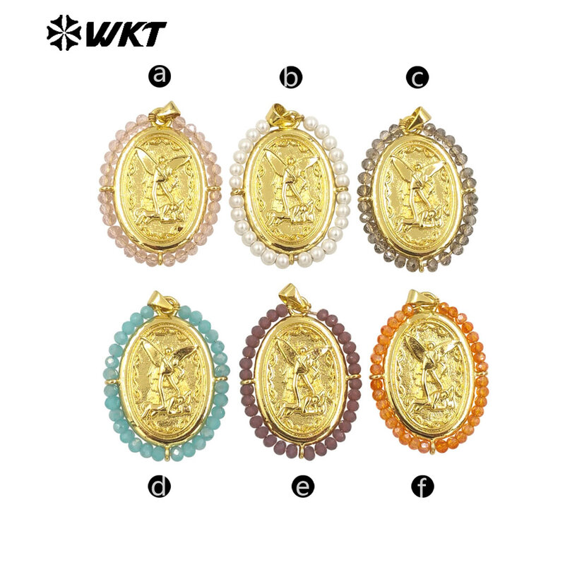 WT-MN990 여성용 진짜 금 도금 타원형 크리스탈 와이어 포장 가디언 천사 목걸이, 기독교 패션, 18K