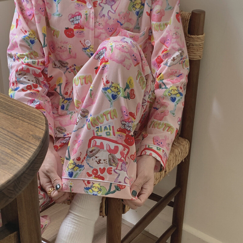 Pijama de algodón con estampado de dibujos animados para mujer, traje de 2 piezas, camisa holgada y pantalones, ropa de estar por casa para otoño