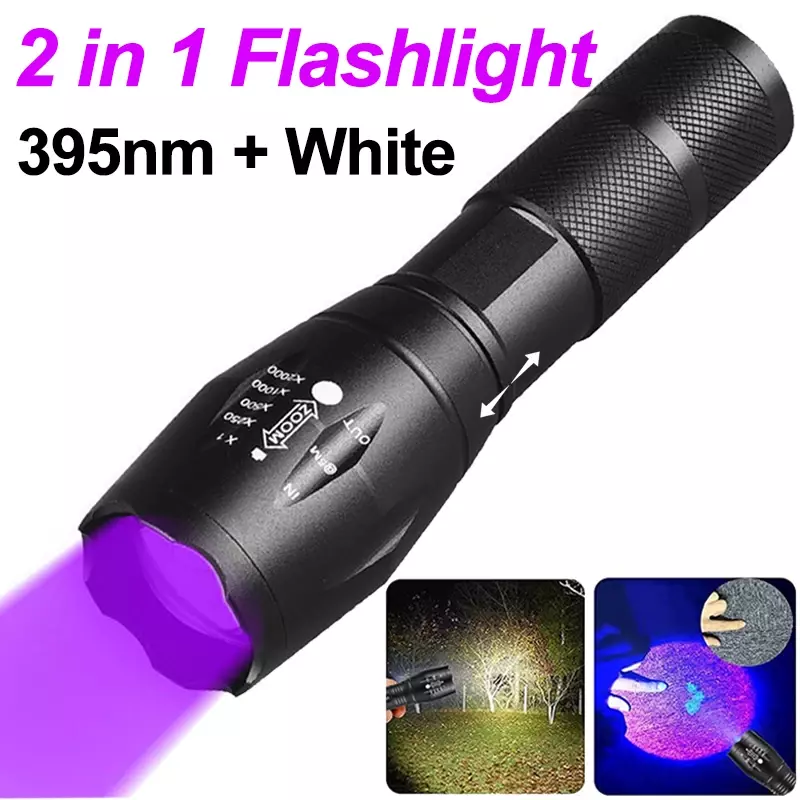 2 In 1 자외선 손전등 보라색 흰색 듀얼 라이트 줌이 가능한 토치 형광 에이전트 감지 전갈 사냥 UV 손전등