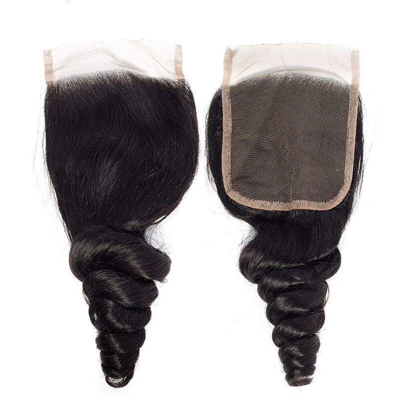 Perruque Lace Closure brésilienne Remy naturelle ondulée, cheveux humains, 12a, 4x4, Deep Curly, cheveux lisses