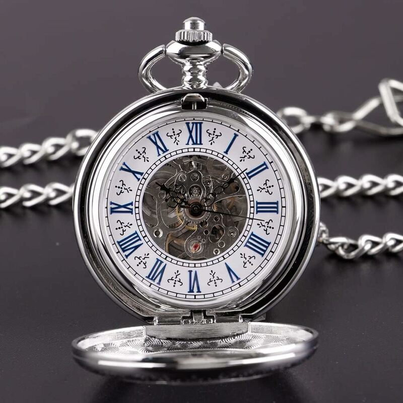 Black and Silver Automatic Movement Mechanical See Through Case Roman Numeral Dial Men's Pocket Watch w/Chain