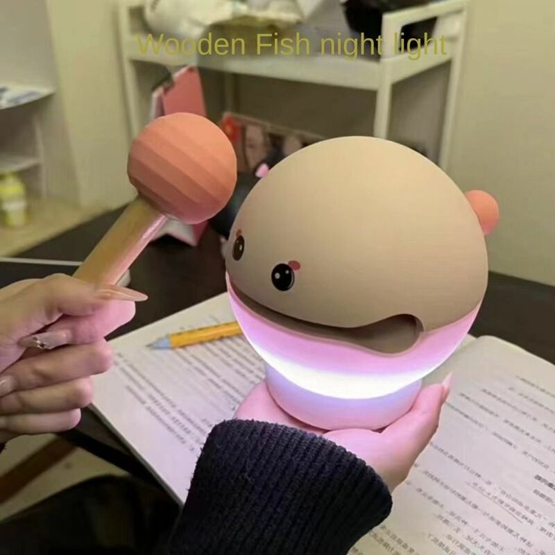 Green/Pink/Apricot Praying for Blessing Light Wooden fish shape PVC Sleeping Night Light Gift Tricolor adjustment Percussive