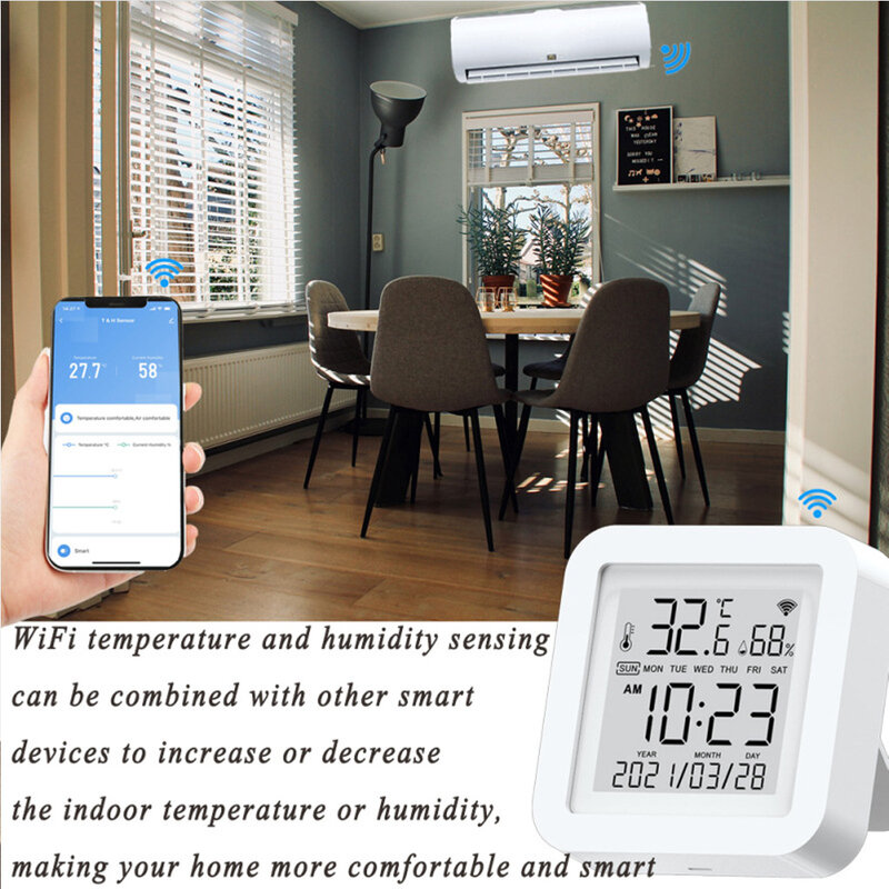 Tuya jam temperatur pengukur suhu nirkabel pintar, perlengkapan rumah pintar jam Alarm kalender Desktop