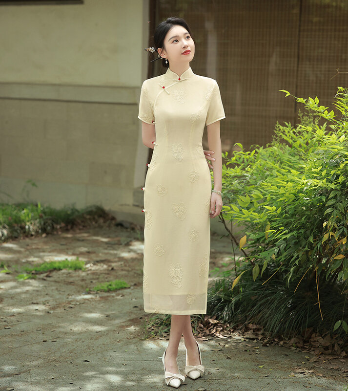 Ulepszona szyfonowa sukienka chińskich kobiet Qipao seksowna z krótkim rękawem Cheongsam Retro słodka codzienna sukienka