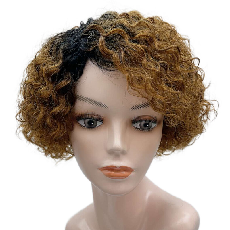 Human Hair Curly Wave Side Part Wig Short Bob Pixie Cut Brazilian Remy Human Hair Deep Curly None Lace Front Wig for Black Women