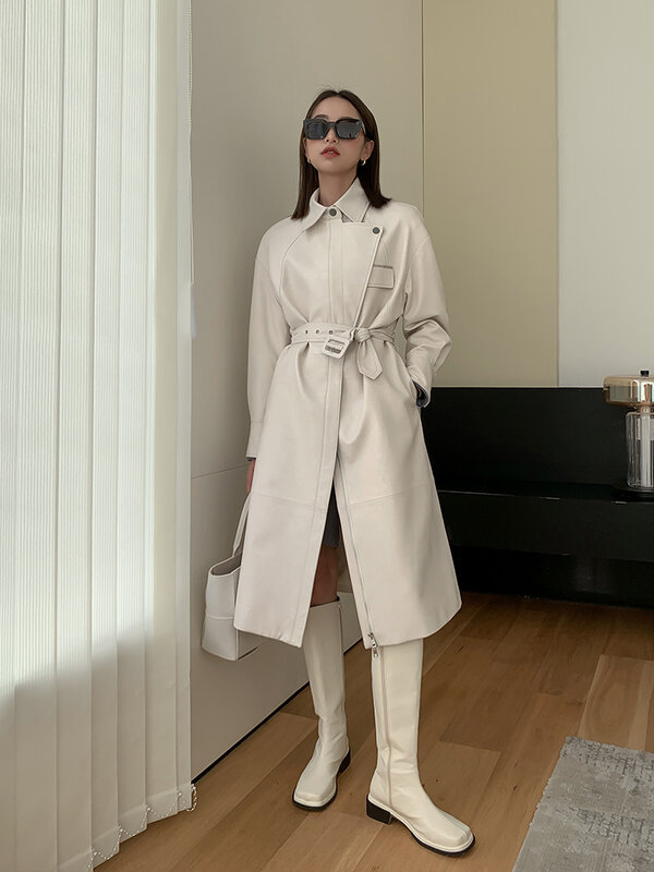 Jaket kulit, jaket kulit domba asli kualitas tinggi wanita jaket panjang musim semi baru mantel Trench kulit Korea 2019