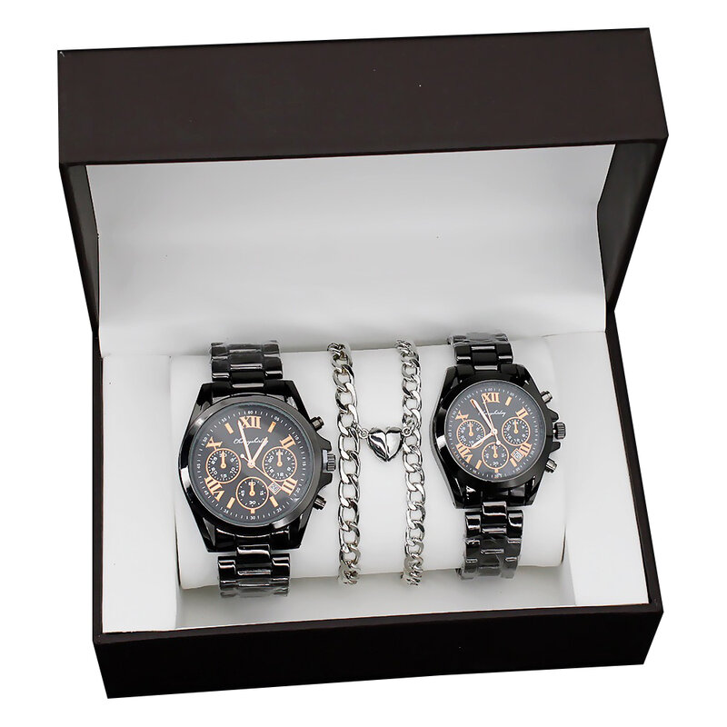 Black Quartz Steel Watch Set para homens e mulheres, relógio de pulso de luxo com pulseira, presentes masculinos, casal, Nesnecklace, 4pcs