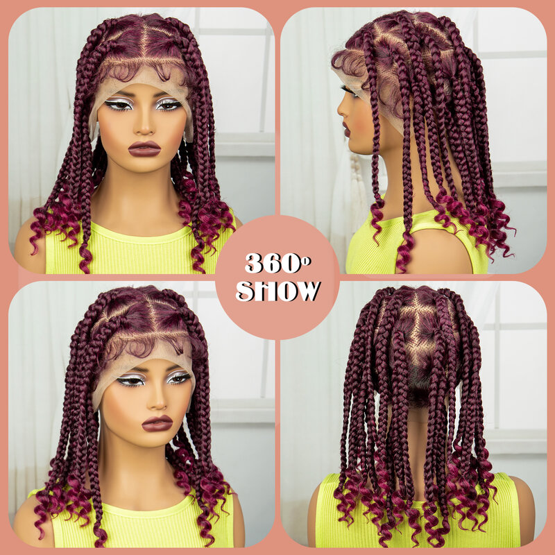 Borgonha trançado perucas com encaracolados termina para as mulheres, sintético Lace Front, trançando peruca de cabelo, Knotless Box, 14in, 99J