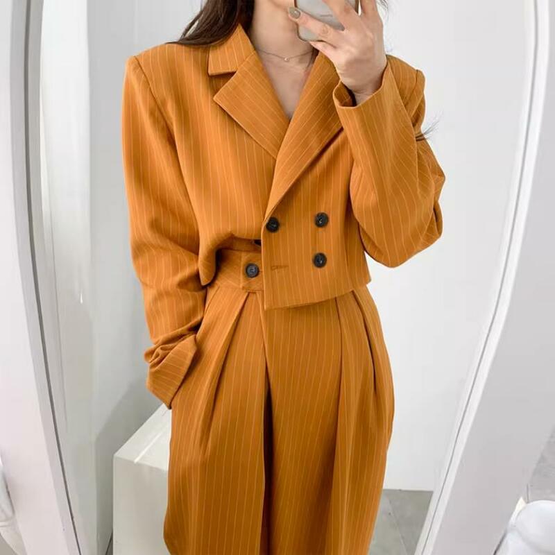 Autumn 2023 New Korean retro lapel double breasted striped Blazer Suits for Women Elegant Office lady Fashion Suit Jacket Y600