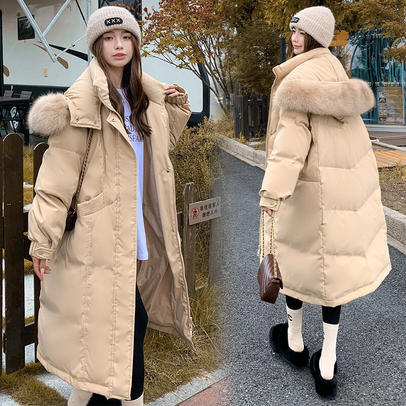 2022フード付き肥厚ダウンジャケット女性90% ホワイトダック毛皮の襟ロング韓国大サイズコート色ウォームソフトジャケット