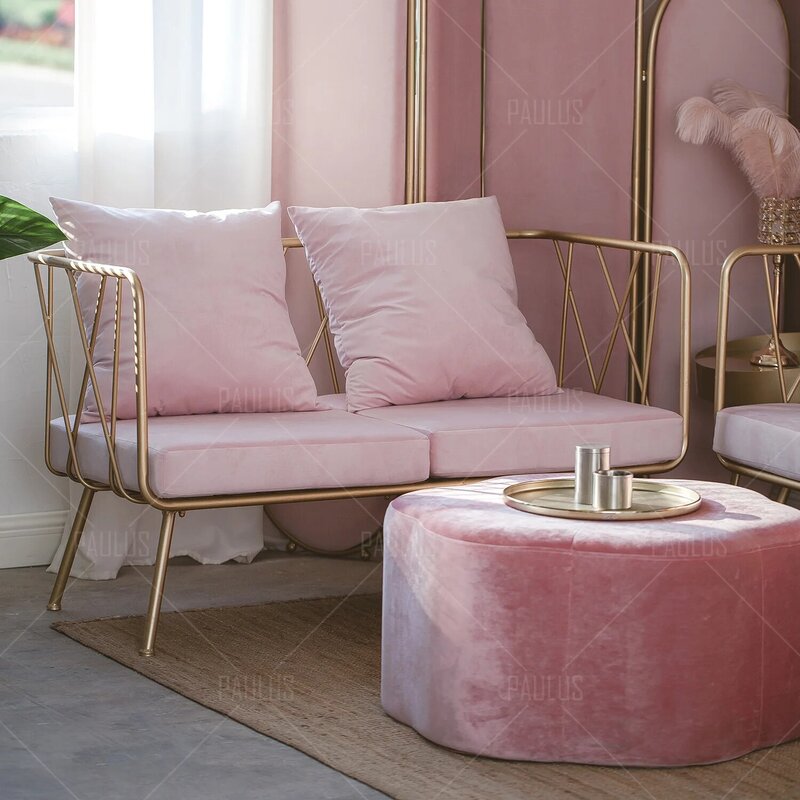 Sofá nórdico de Arte de hierro rosa, silla pequeña individual y doble, estudio de diseñador, tienda de ropa de té de leche