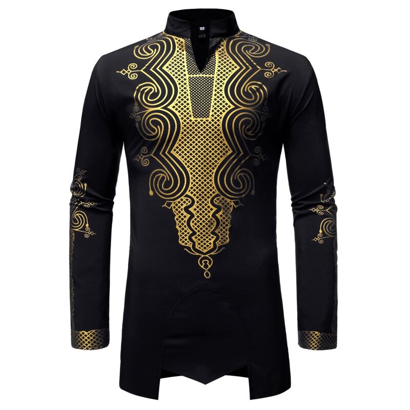 Camisa masculina com estampa dourada, moda muçulmana, Ramadã, Oriente Médio, estilo africano, tu chiffon, comprimento médio, Dubai