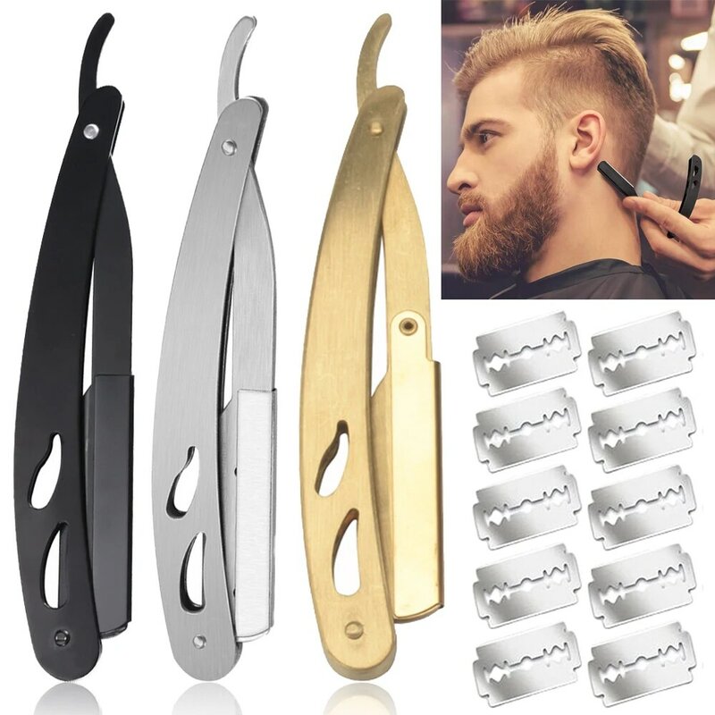 Maquinilla de afeitar de acero inoxidable para hombre, herramientas de corte de pelo y cuchillas, soporte plegable con 10 cuchillas de afeitar piezas