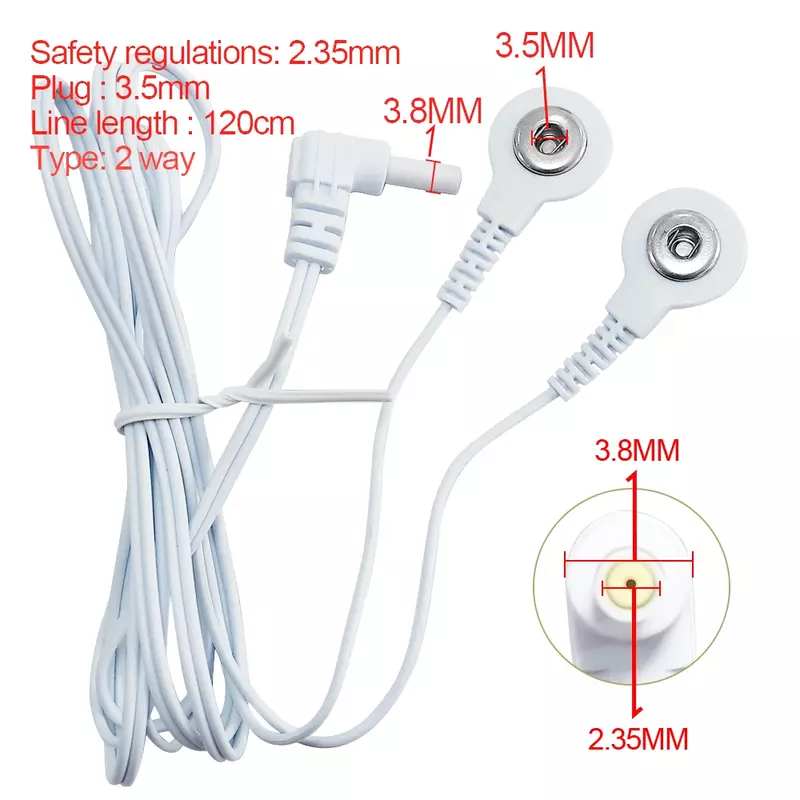 Cable de electrodo de enchufe de 2 vías para almohadillas de electrodos, masajeador EMS, estimulador muscular eléctrico, 2,35mm
