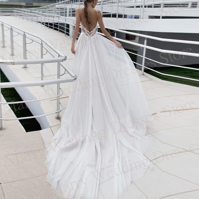 2024 Modern Sexy A Line Women's Wedding Dresses Appliques Lace Bride Gowns Sleeveless Backless Spaghetti Strap Vestidos De Novia