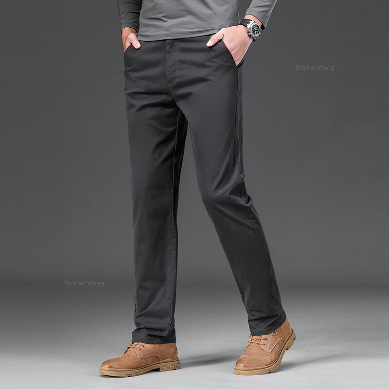 9 Color Men's Cotton Casual Pants Elastic Waist Slim Straight Solid Color Business Trousers Four Seasons Brand Male Clothes