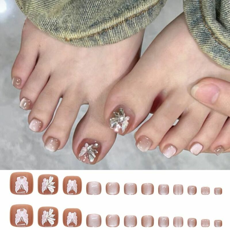 24pcs Fake Toenails French Full Cover Aurora Butterfly Short Square Toe Nails Jelly stickers Foot Nails Tips for Women Girl