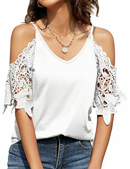 Women's Lace Sleeve V-Neck Solid Color Sling Loose Casual T-Shirt Women Fashion Summer All-match Top Female and Lady Tees