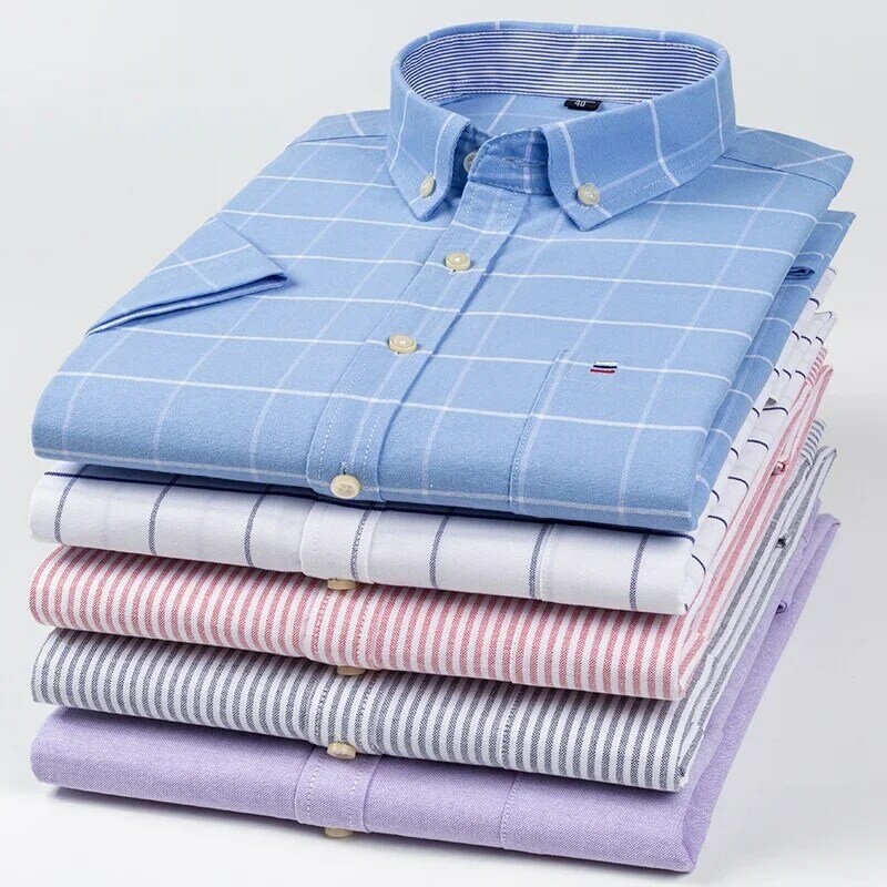 Camisa xadrez listrada respirável masculina, manga curta Oxford, camisa de negócios masculina, ajuste regular, roupas extragrandes, 100% algodão, verão