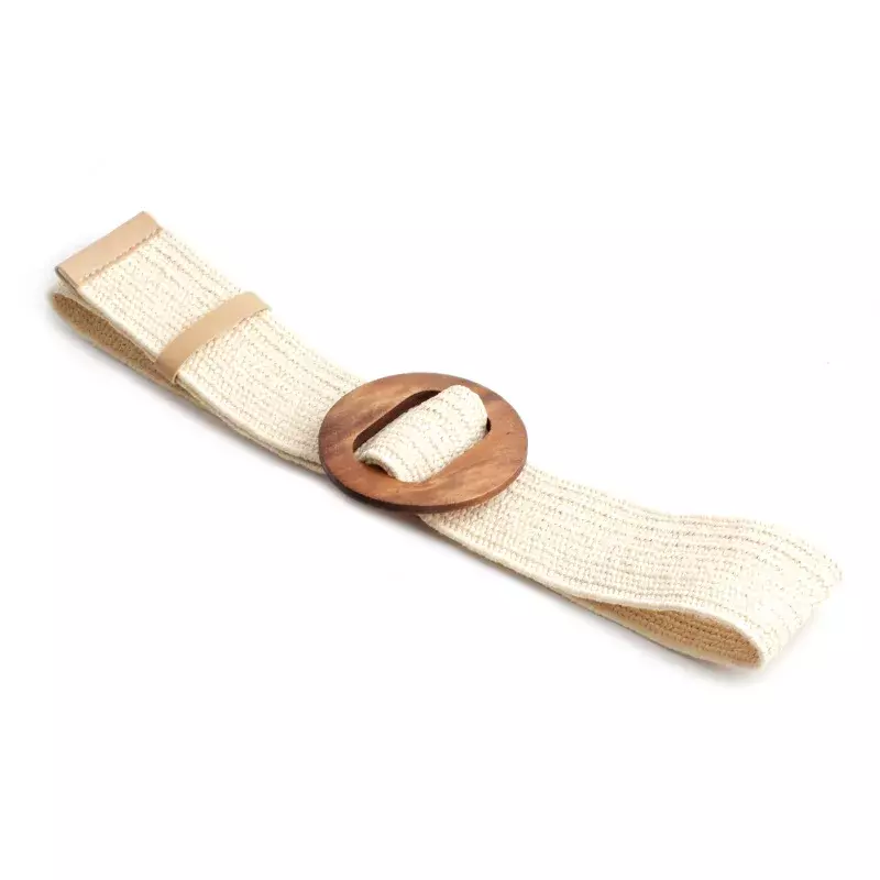Cinturón trenzado elástico ancho para mujer, hebilla de bambú redonda, faja informal de moda, hebilla de Jade de madera, pretina de paja falsa