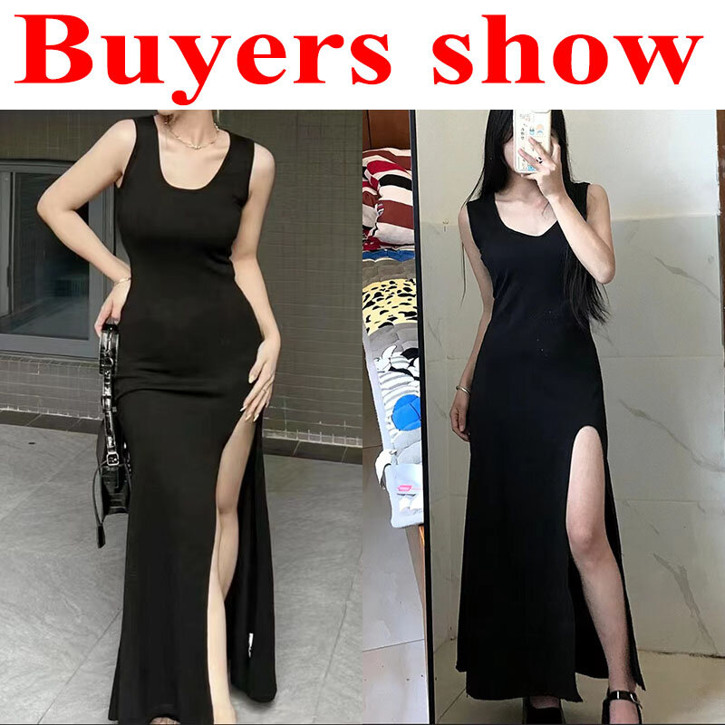 Черное платье без рукавов на бретельках, женское сексуальное облегающее платье-макси с Боковым Разрезом, необычное летнее корейское простое цельнокроеное платье