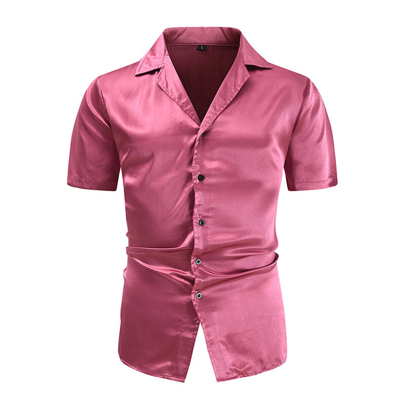 Летняя мужская рубашка с воротником на пуговицах, глянцевая Классическая однотонная рубашка с коротким рукавом и отложным воротником, удобная модная популярная новинка, стильная