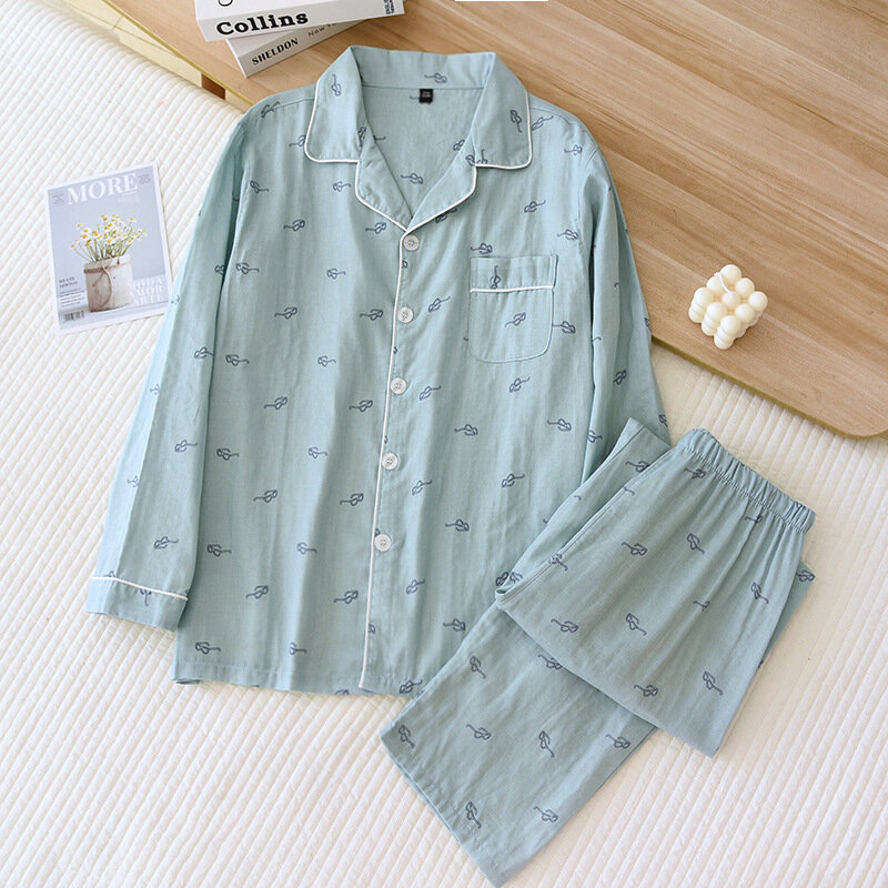 Japanese Spring Autumn Men Printed Cotton Crepe Pajamas Set Long Sleeve Shirt Trousers Homewear