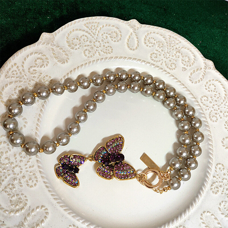 Collier avec pendentif papillon pour femme, perle de verre vintage, bijoux de tempérament, cadeau de fête pour fille, vente en gros
