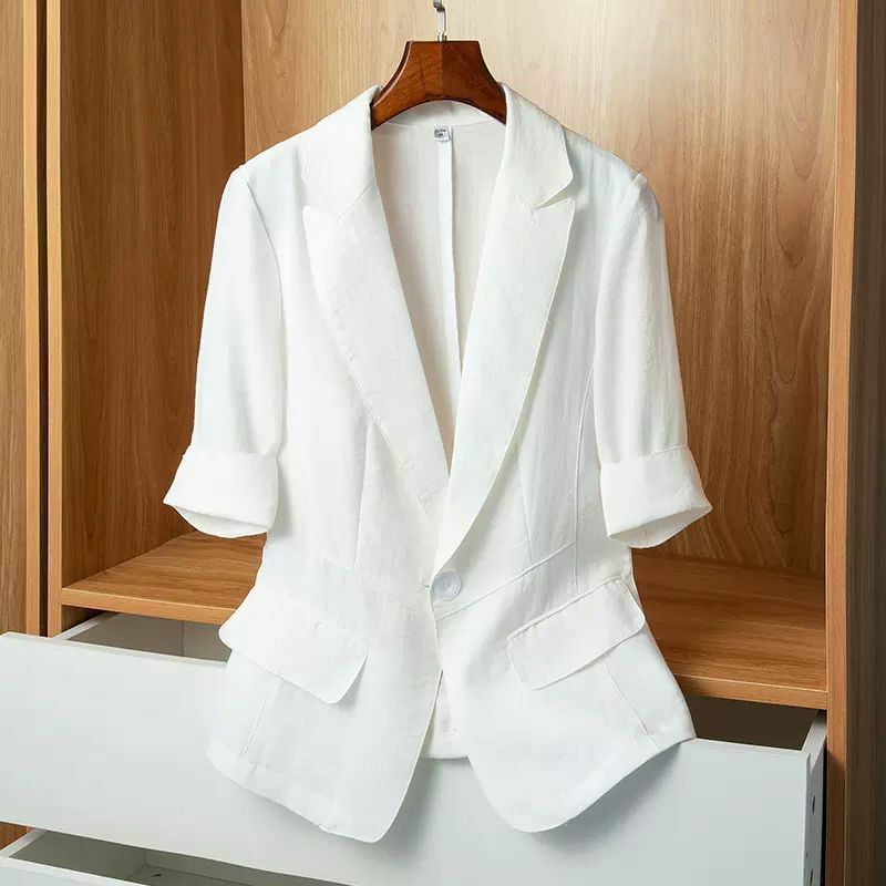 Luxury Women Blazer Office Ladies Thin Suit Short Sleeve Korean Coat Single Button Pocket Jacket Black White Women Clothing New