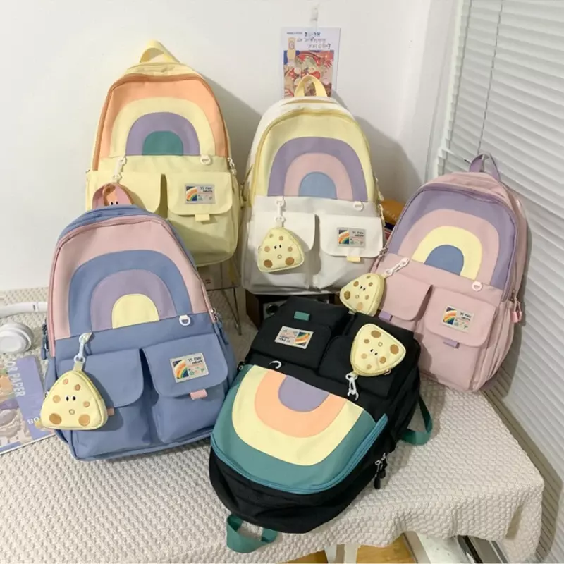 シンプルな大容量のランドセル,カラフルなランドセル,女性の学校の学生のためのトートバッグ,レインボーカット,柄の財布のペンダント,日本製