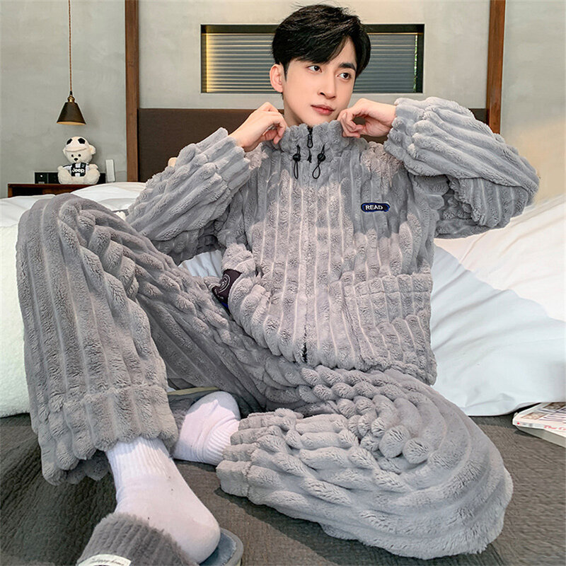 Мужские зимние теплые пижамные комплекты из кораллового флиса, пушистое пальто с воротником-стойкой и длинные брюки, одежда для сна, Мужская одежда для отдыха из 2 предметов