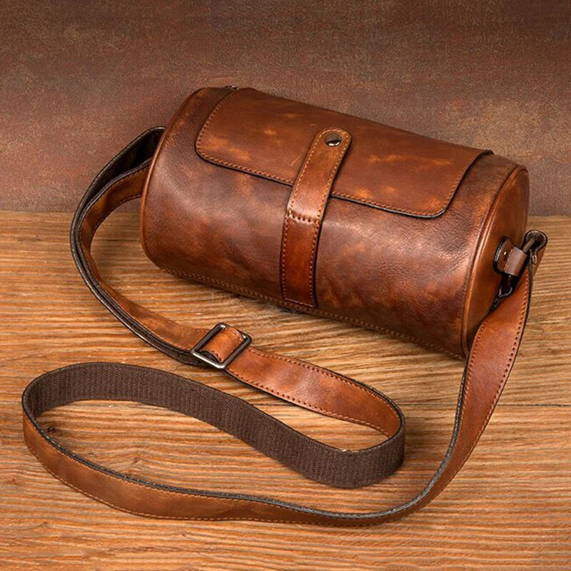 Bolsa de ombro vintage masculina, balde de cilindro transversal original, bolsa de couro, casual e artesanal