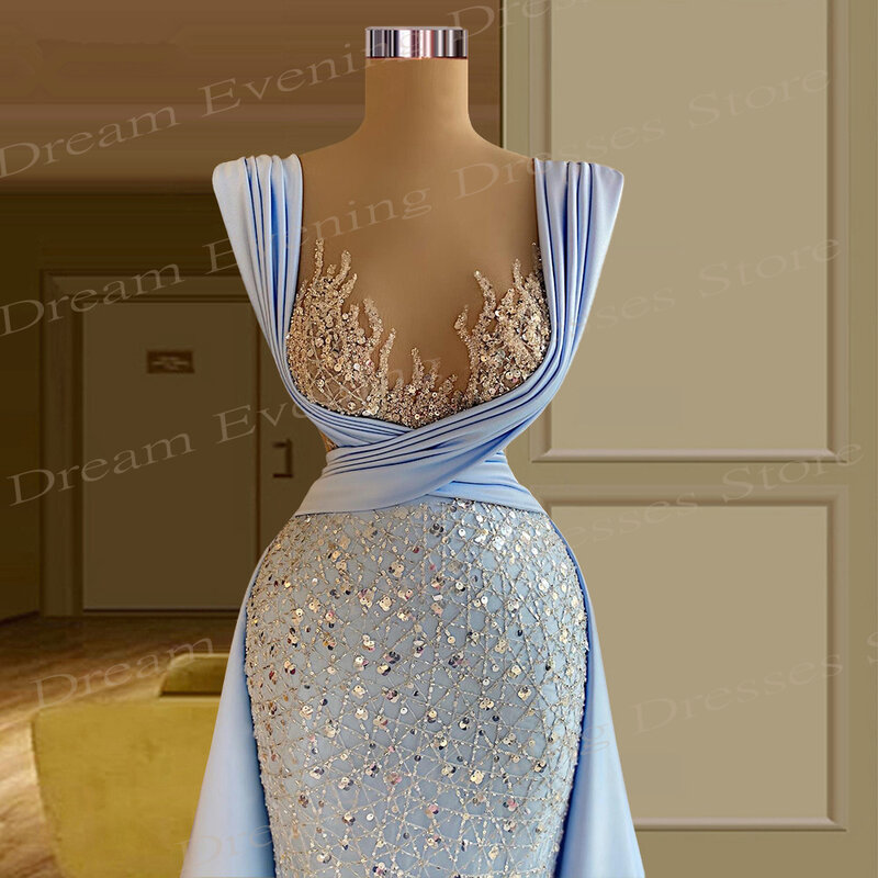 Nowe luksusowe błyszczące, cekinowe suknie wieczorowe syrenki plamią sięgające do podłogi plisy bez rękawów suknie na bal maturalny szaty na zamówienie De Soirée