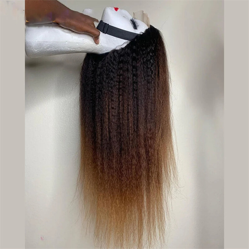 Preplucked Yaki 30Inch Long Ombre Brown Kinky Straight Lace Front Wig For Women With Baby Hair Synthetic Glueless Daily Wear Wig