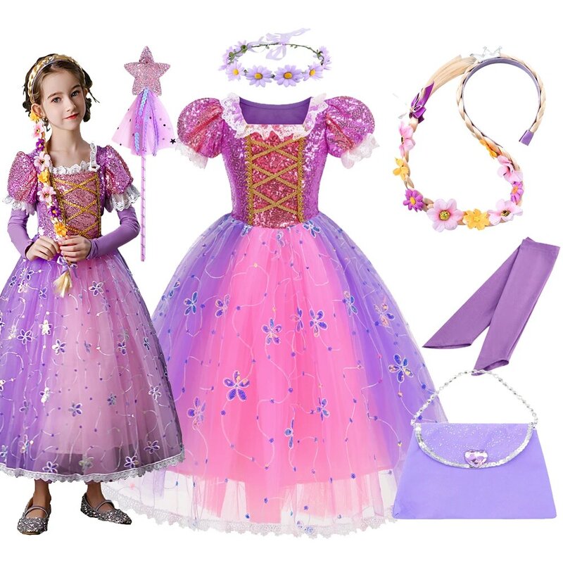 Girl Rapunzel Dress for Kid Halloween Princess Cosplay Costume for Birthday Party Gift Purple Sequins Mesh Clothing