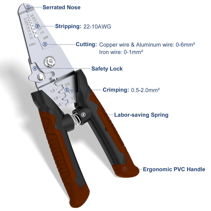 Alat pengupas kawat dengan kunci pengaman, pengupas kawat 3 dalam 1 multifungsi 7 inci/pemotong/Crimper, alat satu tangan profesional