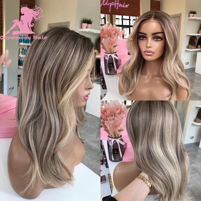Highlight Human Hair Lace Frontal Wig Ash Brown Blonde Virgin Human Hair Full Lace Wig Natural Wave HD Transparent Lace 13x4 Lac
