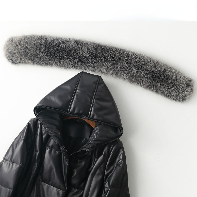 Giacca in pelle calda donna inverno collo di volpe piumino nero cappotto in pelle femminile soprabito di media lunghezza Jaqueta Feminina FCY1943