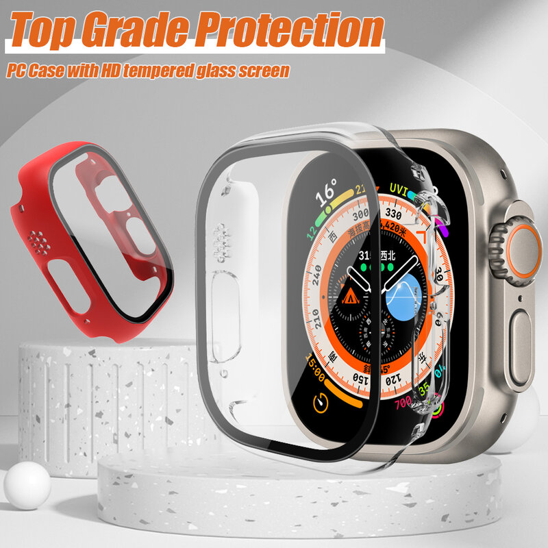 Vetro + custodia per Apple Watch Case Series 7/8/9 41mm 45mm proteggi schermo 44mm 40mm paraurti per PC per iWatch Ultra/Ultra 2 49mm Cover protettiva