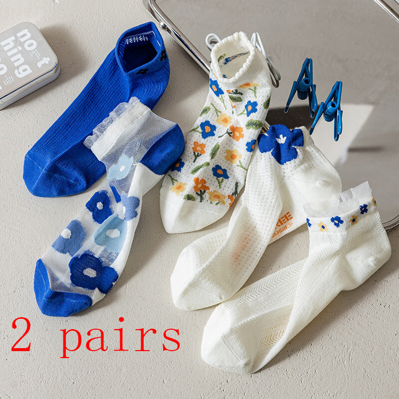 Calcetines de verano de algodón con fondo de malla de encaje Jacquard, de seda azul