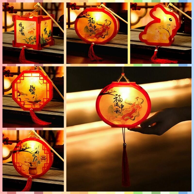 Lentera elektronik bercahaya, lentera bentuk kelinci/oktagon gaya tradisional Tiongkok, lentera menyala genggam plastik Tahun Baru