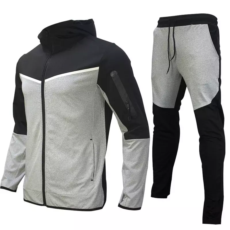 Spring Men's Casual Tracksuits Patchwork Hooded Zipper Jackets+Pants Sets Male Slim Gym Sportswear Two Pieces Sets Jogging Suits