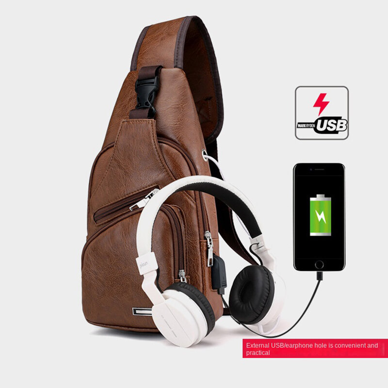 남성용 빈티지 PU 가죽 다크 브라운 체스트 백, 대용량 USB 충전 여행 정리 크로스바디 숄더백, 신제품