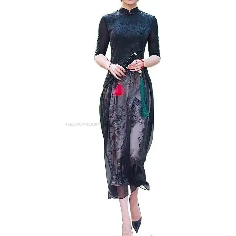 Estate cinese nuovo vestito Cheongsam migliorato stile cinese maniche corte abito nappa cuciture Design Qipao abbigliamento donna